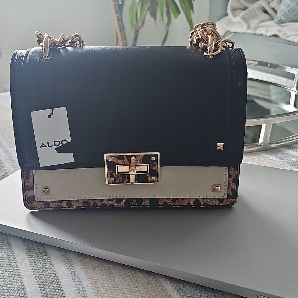 ALDO Black and Cream Shoulder Bag with Leopard Accent